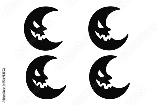 Creepy crescent moon silhouette set for Halloween. Spooky evil face icon with a wicked smile. Vector illustration for horror design, scary party invitation or holiday decoration.