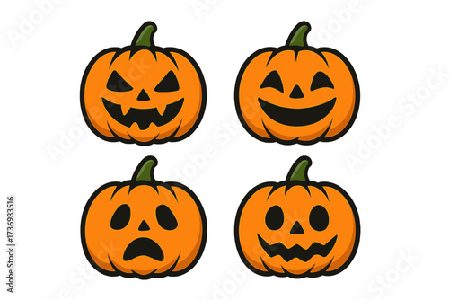 Halloween pumpkin characters vector icon set. Jack o lantern faces with different emotions. Cute, scary, happy and sad cartoon expressions for autumn holiday design elements.