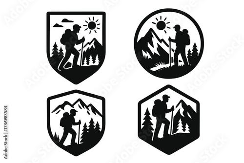 Set of hiking adventure badges. Hiker silhouette in mountains. Outdoor trekking logo collection. Vector nature explorer icons for travel, climbing, and camping patch design.