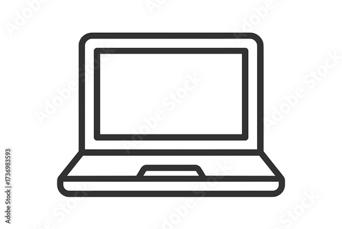 Laptop computer icon in thin line style. Notebook PC vector outline symbol. Simple linear pictogram for web design, user interface, digital work, and modern technology concept.