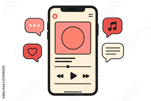 Music player app interface on phone screen. UI design for audio streaming service. Social media sharing, likes, comments. Podcast application template. Vector illustration mockup.