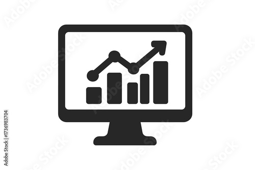Computer monitor with rising bar chart and line graph, business analytics icon, data visualization, financial growth symbol, silhouette vector isolated on transparent background