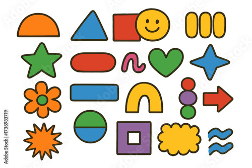 Naive playful geometric shapes set. Colorful brutal vector cartoon shapes collection. Abstract icons, stars, flowers, hearts, arrows, circles, squares, rectangles, lines, transparent background