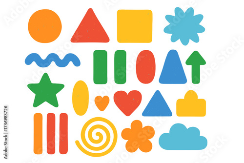 Colorful naive cartoon geometric shapes set. Playful brutalist vector design. Assorted triangles, circles, hearts, clouds, waves, stars, spiral, flower, arrows, rectangles for kids or education
