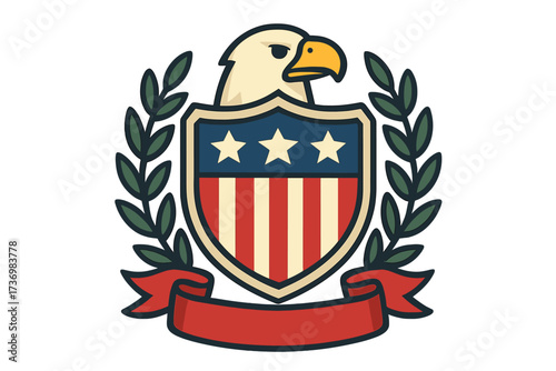 American eagle crest patriotic emblem, shield with stars and stripes, laurel wreath, bald eagle head, USA flag, national symbol, victory banner, independence, vector cartoon illustration