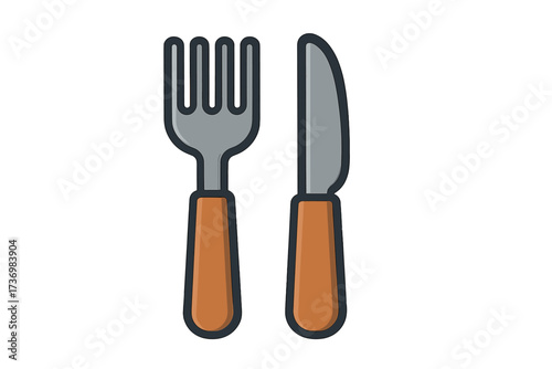 Cartoon vector illustration of kitchen cutlery set with fork and knife, flat design, brown handles, cooking utensils, restaurant tools, isolated on transparent background for food menu