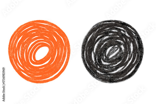 Hand drawn charcoal doodle circles. Abstract scribble illustration with crayon texture. Metaphor for chaos and order, problem and solution. Psychology concept for therapy.
