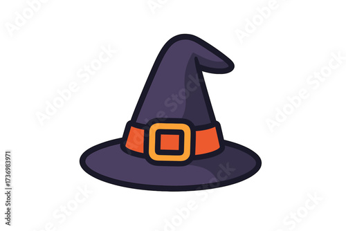 Witch hat vector icon. Halloween party costume accessory. Magic wizard cap symbol for spooky holiday decoration. Cartoon fantasy sorcery element isolated. Flat design graphic.