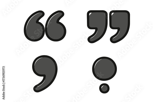 Cartoon punctuation marks vector set. Quotation marks, comma, semicolon icons. Flat speech symbols icon collection. Isolated editable text punctuation. Black stylized glyphs on transparent background.