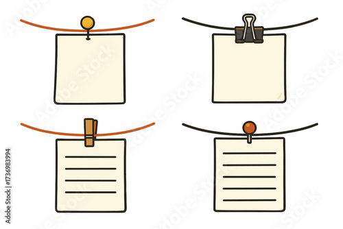 Reminder note paper set hanging on string with push pin, binder clip, and clothespin, blank and lined sheets, cartoon vector illustration, office organizer template, transparent background