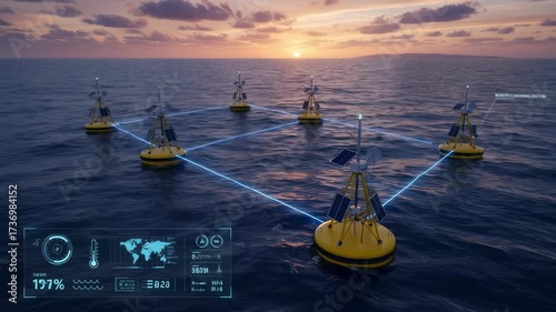 Medium frame showing multiple buoys connected by wireless network gathering and relaying live oceanographic data to remote monitoring stations.