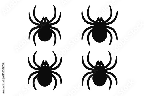 Black spider icon silhouette set. Cartoon vector illustration of four insect symbols with transparent background. Halloween decoration, animal pest, arachnid isolated clip art for graphic resources