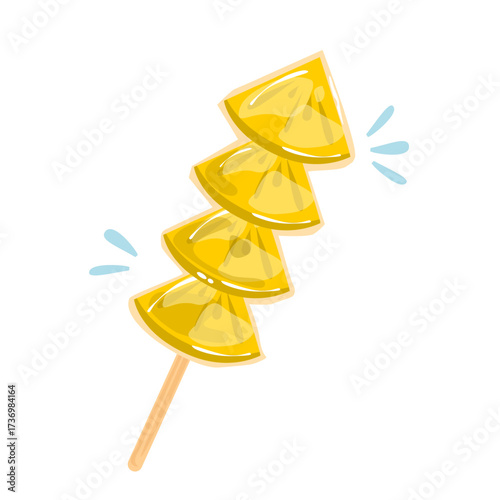 Sweet pineapple tanghulu cartoon. Sugar-coated fruit illustration. Asian street food. Can be used for sticker, wallpaper and food element