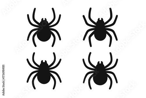 Black spider silhouette icons set. Insect symbol vector illustration. Cartoon bug design for Halloween, wildlife, pest control, education. Transparent background. Predator, arachnid, animal graphic.