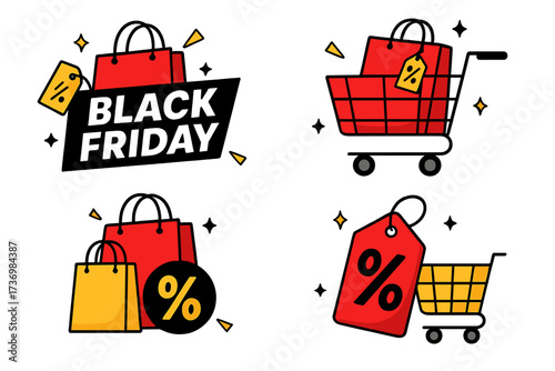 Black Friday sale vector icon set. Shopping bag and cart with discount percentage tag. Commerce promotion graphic element collection for banner, flyer and web design.