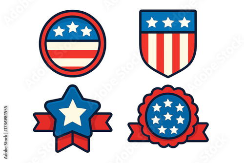 USA flag shield icon flat style vector illustration with transparent background, patriotic emblem, American symbol, United States badge, cartoon shield set