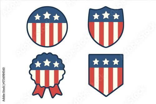 Patriotic American Emblem Set. Flat style USA vector cartoon illustration. Red white blue shield, rosette, badge, label design with three stars and stripes. Independence Day symbol