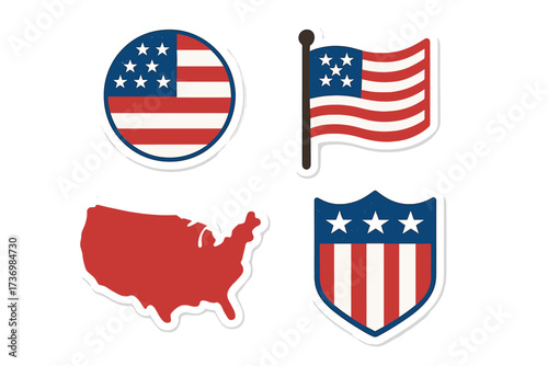 Patriotic USA badge emblem in flat style, American flag icon, vector cartoon illustration, red white blue star symbol, transparent background, patriotic design elements set