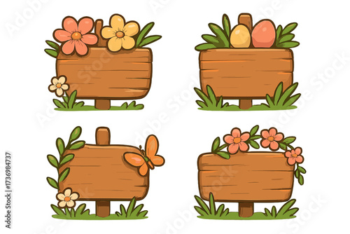 Wooden signboard symbol in spring style with floral cartoon design, vector illustration with transparent background, seasonal decorative wooden panel for nature and garden themes