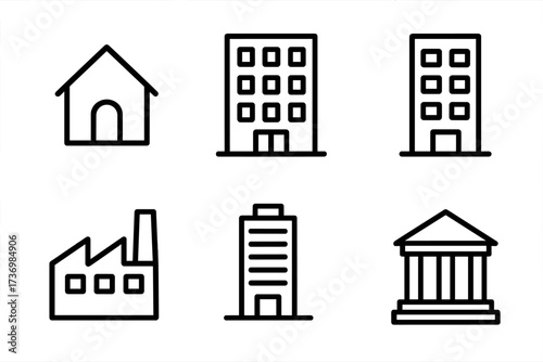 Building line icon set. Architecture symbols. House, apartment, office, factory, bank vector illustration. Real estate pictogram collection for business, city, web, UI design.