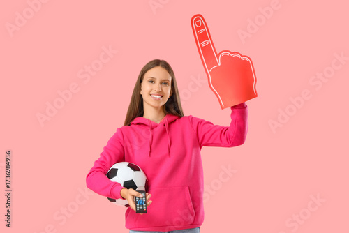 Young woman with foam hand ...