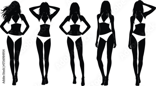Bikini woman silhouettes, female body shapes, swimsuit fashion icons, beach girl poses, summer style design, black vector illustration, model collection set