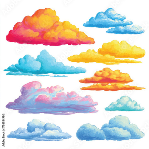 A collection of diverse cloud shapes and styles presented as a silhouette isolated on a clean white background isolated on white background