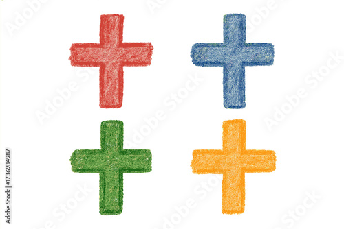 Christian cross set. Hand drawn crayon sketch. Religious symbol. Colorful chalk texture. Plus sign doodle. Math and addition icon. Vector graphic illustration isolated.