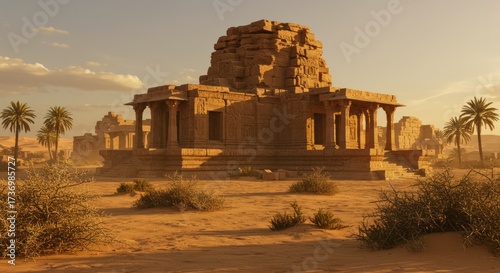 Ancient Desert Temple Ruins with Palm Trees