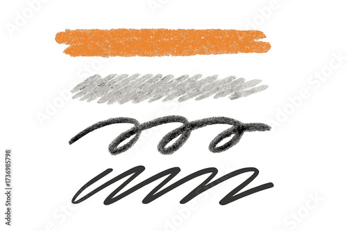Crayon, pencil, charcoal strokes collection. Hand drawn artistic textures. Grunge sketch, doodle, scribble design elements. Marker line. Abstract messy brush paint set.