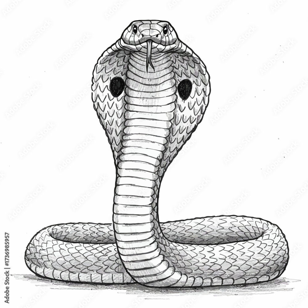 Fototapeta premium An intricate cobra illustration featuring an expanded hood and detailed scales. The design emphasizes the reptile's natural texture and striking pose against a clean background