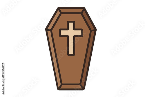 Coffin icon with christian cross. Cartoon vector illustration for funeral, death or halloween concept. Wooden casket symbol for burial, grave or cemetery. Religious ceremony.
