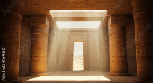 Ancient Egyptian Temple Interior with Hieroglyphs and Sunlight