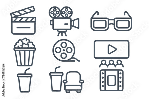 Cinema and movie linear icon set. Vector symbols for film industry and entertainment. Includes clapperboard, camera, popcorn, 3D glasses, film reel, and theater elements.