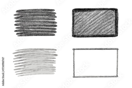 Hand drawn crayon stroke texture collection. Pencil sketch rectangle shape and frame. Grunge charcoal doodle banner elements. Vector abstract illustration isolated design set.