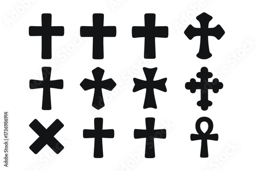 Crosses icon set. Black christian cross silhouette collection. Religious and faith symbols. Vector icons of crucifix, ankh, saltire, orthodox and catholic signs for design.
