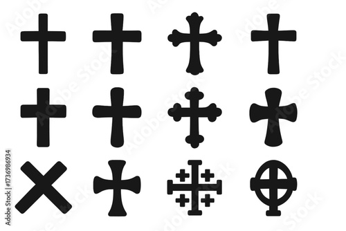 Christian cross icon set. Religious symbols collection. Black silhouettes of various crucifix shapes. Latin, Greek, Celtic, Jerusalem cross. Vector for faith & spirituality.