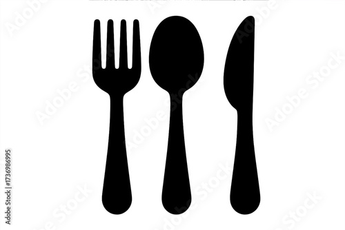 Cutlery icon with fork, spoon, and knife. Black silhouette vector illustration for restaurant menu, food, and dining concepts. Simple flat graphic design of tableware utensil set.