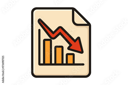 Business report document with loss chart. Vector icon for financial crisis, market crash, and economic recession. Arrow down symbol for sales decrease, investment failure.