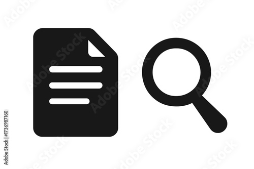 Document search icon, magnifying glass symbol. Concept of data analysis, file review, research report, and audit. Investigation, inspection, proof, and evidence concept. Vector.