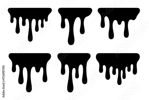 Dripping paint liquid current silhouettes. Set of black melt fluid drops. Vector ooze ink splash or oil stain. Chocolate syrup flow. Cartoon graffiti drip shapes collection.