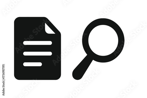 Search document icon. Magnifying glass over file. Concept of review, analysis, audit, and inspection. Data research and investigation symbol. Evidence and proofreading sign.