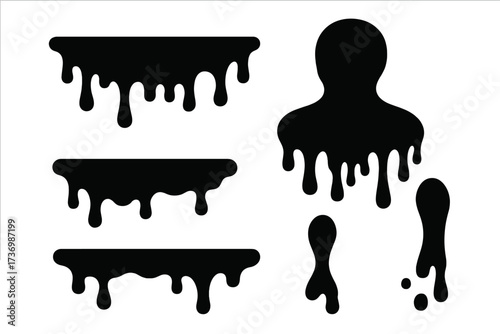 Dripping paint silhouette set. Liquid drip vector graphic. Black oil, ink or chocolate stain. Flowing fluid and melting slime drop. Abstract splash and splatter design element.