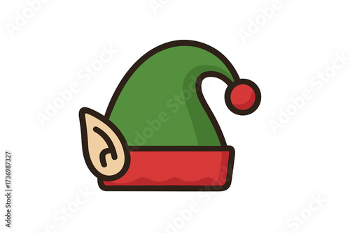 Elf hat symbol with ear. Christmas decoration. Flat icon. Vector cartoon illustration. Santa's helper costume. Holiday accessory. Festive gnome pixie headwear design element.