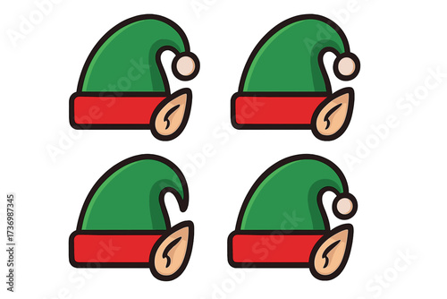 Christmas elf hat with ear vector icon set. Santa's helper costume accessory for holiday season. Festive fantasy character element collection. Xmas graphic design illustration.