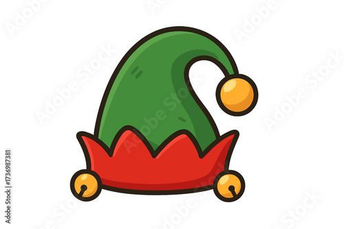 Elf hat icon. Christmas holiday festive decoration. Cartoon vector illustration of a green and red Santa's little helper cap with jingle bells, isolated on a white background.