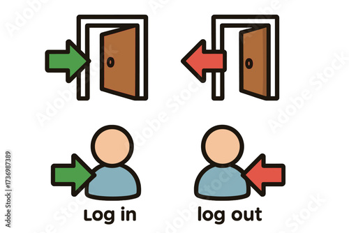 Log in and log out icon set for website and mobile app. User account authentication symbol. Entry and exit concept with door and person. Sign in and sign out vector button.