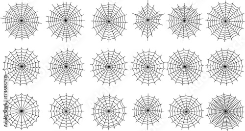 Spider web vector set, creepy cobweb designs, Halloween spiderwebs, round net patterns, silk trap illustrations, spooky web art, scary cobweb icons