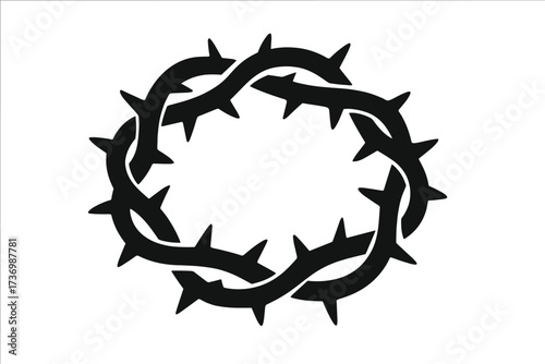 Crown of thorns vector silhouette icon. Christian religious symbol of Jesus Christ's passion and crucifixion. Easter holy week graphic element. Faith, suffering, and salvation concept.
