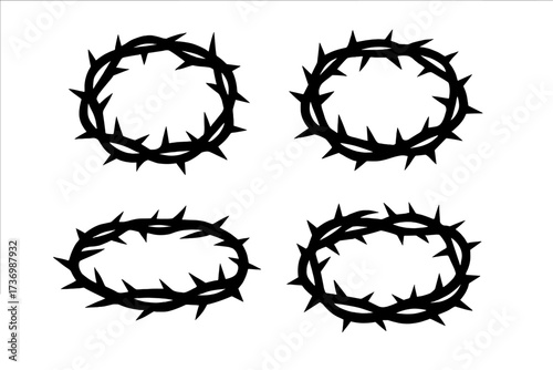 Crown of thorns silhouette vector icon set. Christian religious symbol of the crucifixion of Jesus Christ. Easter passion, suffering, and sacrifice concept illustration collection.